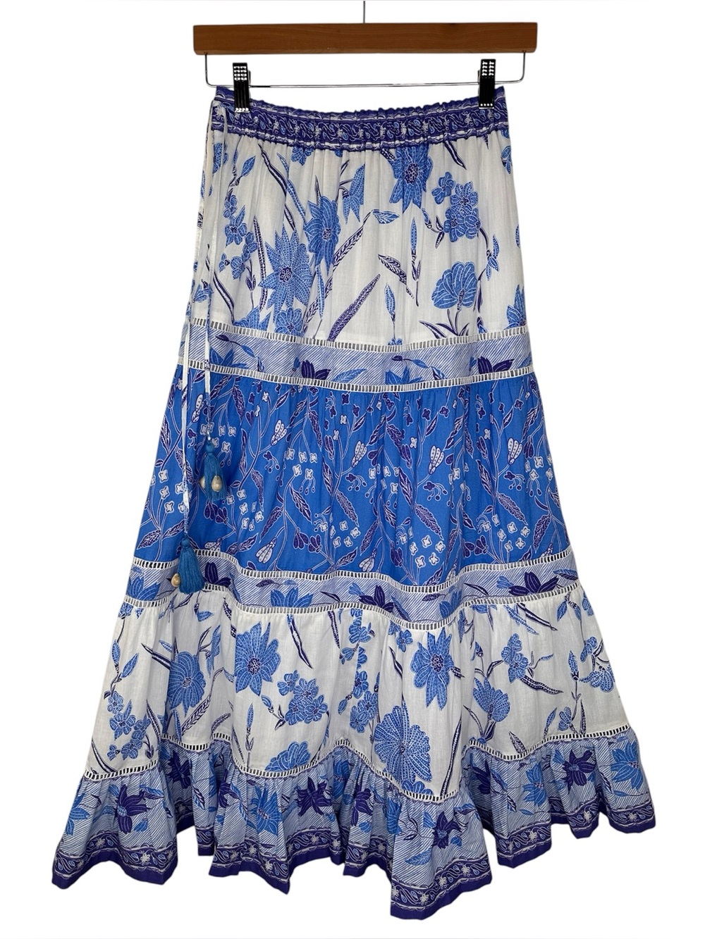 Bella Tu Braidy Blue & White Floral Patchwork Long Maxi Cotton Skirt Summer XS